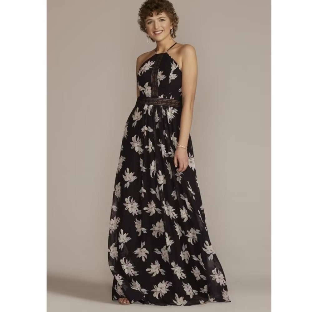 DB Studio Floral Printed Chiffon Halter A-Line with Illusion Detail Plus SZ 16
